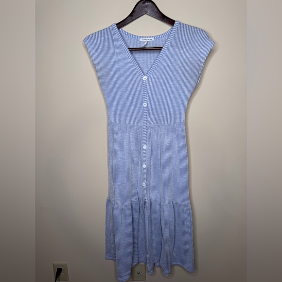 Caution To The Wind Dresses & Skirts - Caution To The Wind Blue White Pinstripe Tiered Fit Flare Knit Midi Dress French